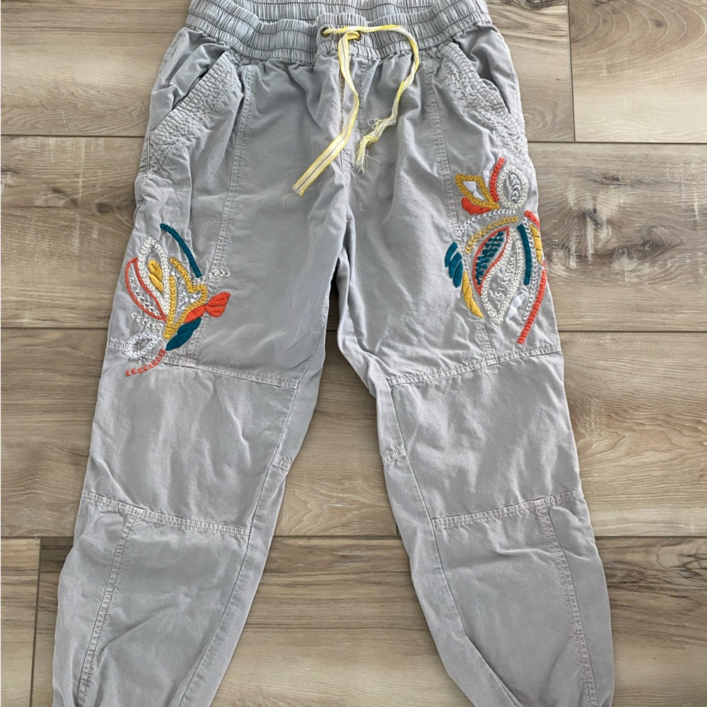 Anthropologie Gray Embroidered Capris